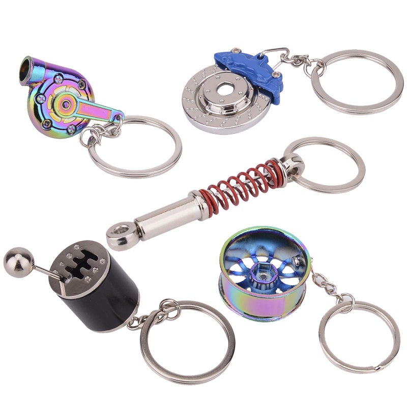 FEBRYTOLD 5 Pcs Car Parts Model Key Chains, Colorful Turbo Keychain, Black Manual Gearbox Keychain, Colorful Tire Rim Key chain, Blue Brake Rotor Key chain, Red Spring Shock-absorber Keychains - Image 1